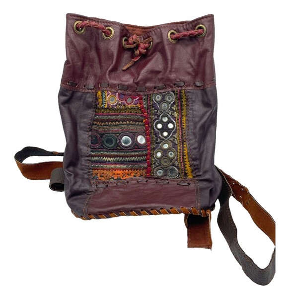 Vintage Hippie Boho Vegan Leather Backpack Banjara Embroidered Mirror Unique! - Picture 10 of 15